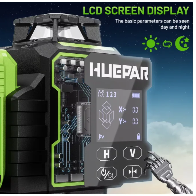 Imagem -06 - Huepar-controle Remoto e Bluetooth Nível Laser com Lcd Touch Panel Auto-nivelamento 4d 16 Linhas Verdes W04cg