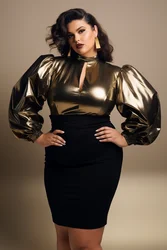 Sequin Women's Plus Size Skirt Sets Elegant Gold Spring Mock Neck Puff Sleeve Long Sleeve Metallic Two Pieces Set Outfit 2024