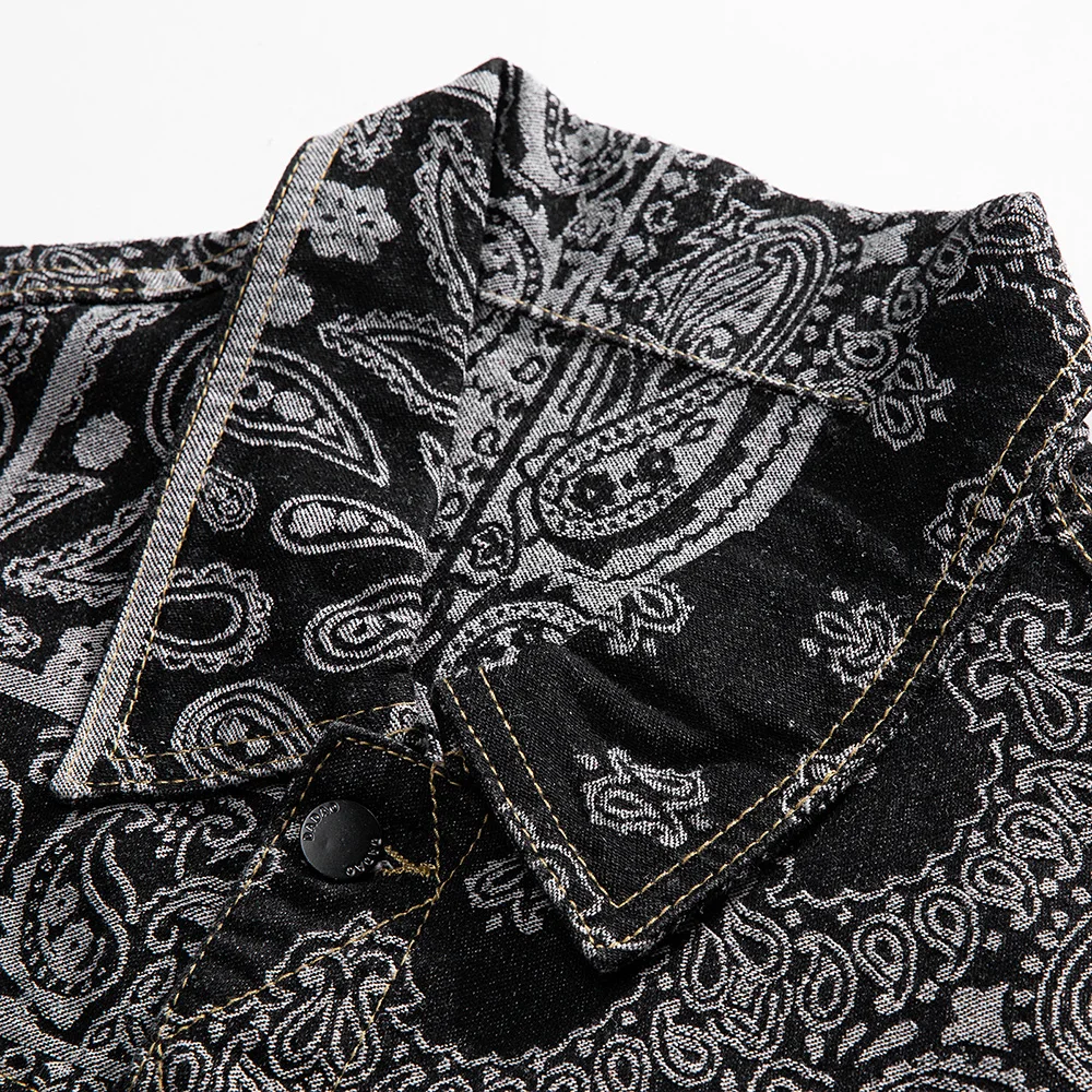 Men Paisley Bandana Print Denim Jacket Streetwear Pattern Jacquard Weave Coat Fashion Loose Long Sleeve Outerwear Black Blue