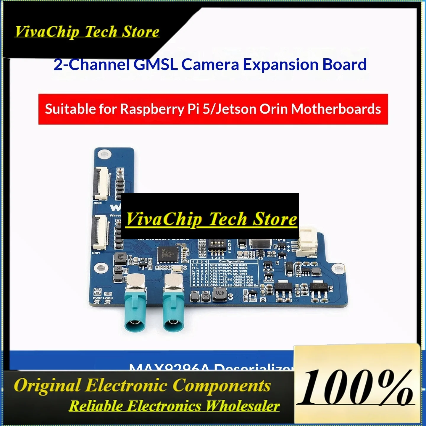 Viva2-Channel GMSL Camera Expansion Board For Raspberry Pi 5 / Jetson Orin, MAX9296A Deserializer Chip