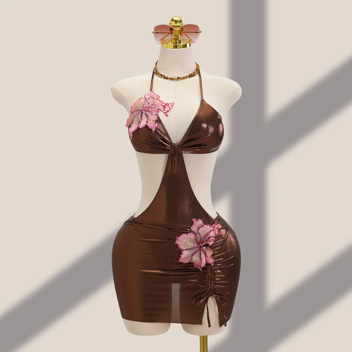 DEKA 2026 New Shiny Pink Flower One Piece Swimsuit High Cut Sleeveless Glossy Bodysuit Sexy Back Monokini Swimwear Beachwear