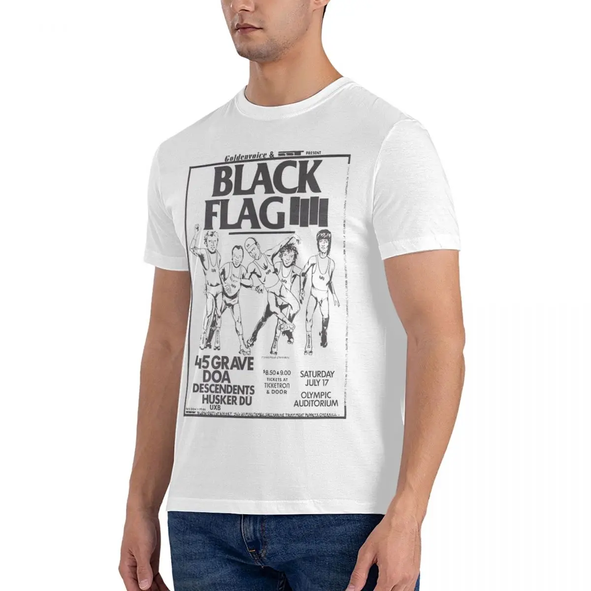 Concert Poster T-Shirt for Men Black Flag Leisure 100% Cotton Tees Crewneck Short Sleeve T Shirts Gift Idea Clothing