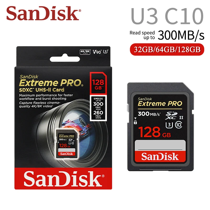 Оригинальная SD-карта памяти SanDisk Extreme Pro Max 300 МБ/с UHS-II Карта флэш-памяти SDXC 64 ГБ 128 ГБ SDHC 32 ГБ SD-карта для камеры