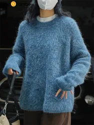 HanOrange 2024 Winter Fashion O-Neck Alpaca Sweater Soft Skincare Knitted Top Female Pink/Grayish Blue