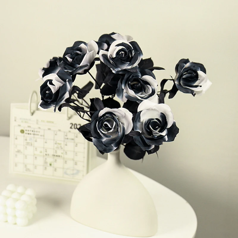 5/10Pcs Black White Artificial Rose Flower Silk Fake Flower Plants Wedding Bride Bouquet Party Flower Arrangement Home Decor