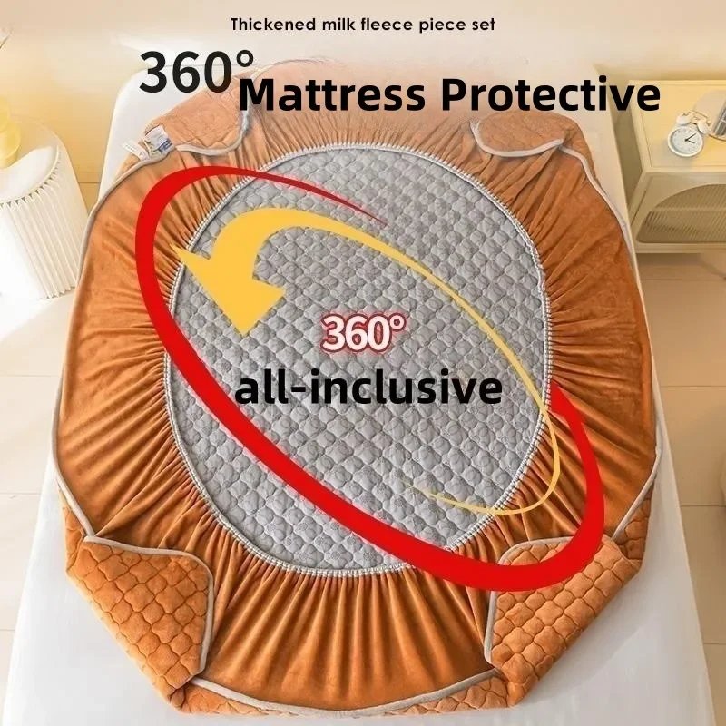 Super Thick Fleece Warm Mattress Cover All-inclusive Fluffy Quilted Fitted Bed Sheet Solid Color Mattress Protector for Winter