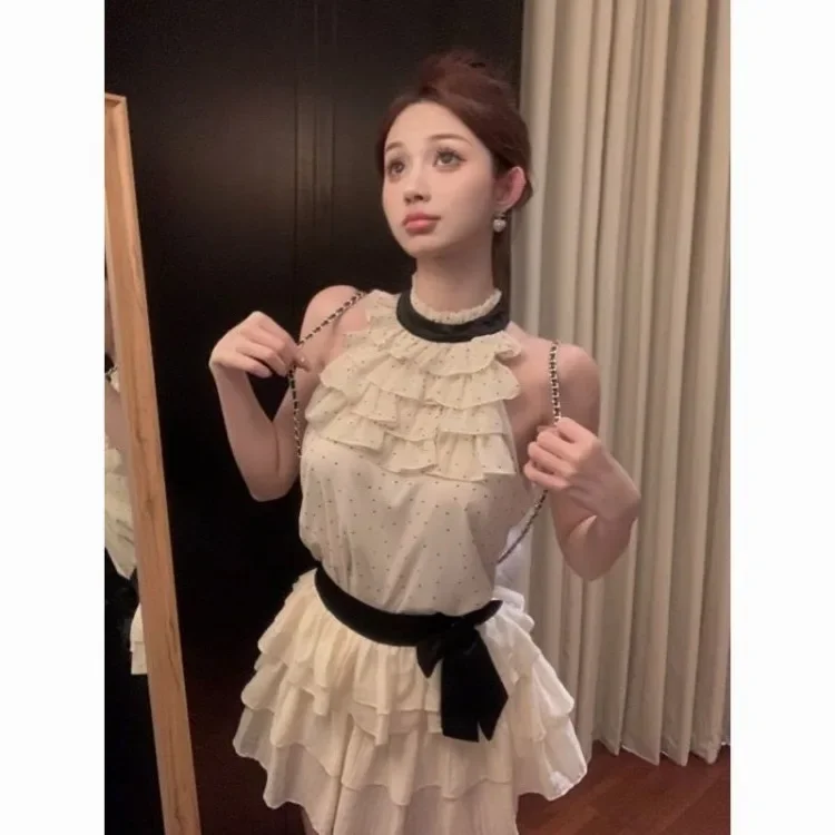 

Chiffon Sleeveless Tops Women+ Y2k High Waist Bow Ruched Cake Skirts Two Piece Sets Elegant Sweet Polka Dot Print Halter