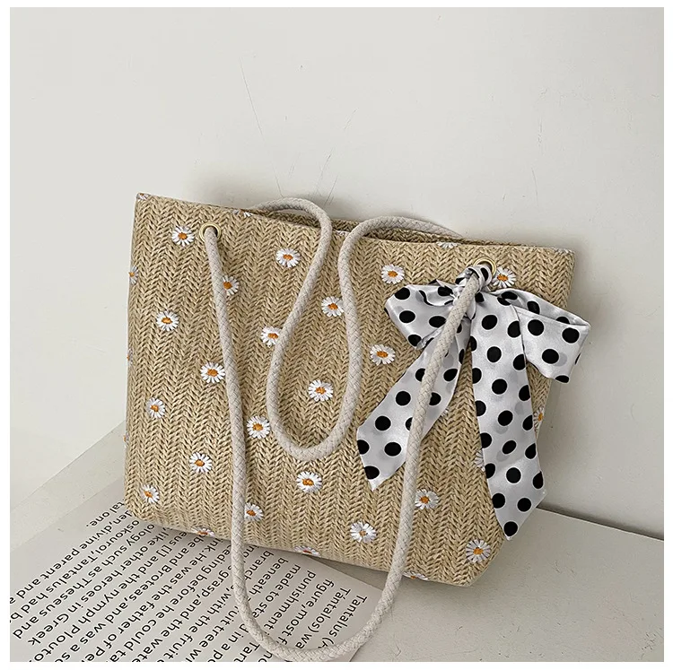 

Women's straw woven bag, summer fresh and simple floral woven beach bag, fashionable one-shoulder tote women's bag