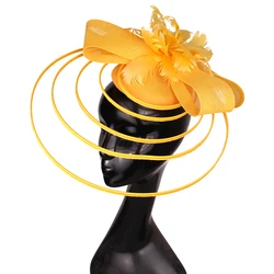 New Yellow Ladies Bridal Derby Pillbox Hats With Bowknot Flower Royal Blue Imitation Sinamay Hat Women Wedding Hair Accessories