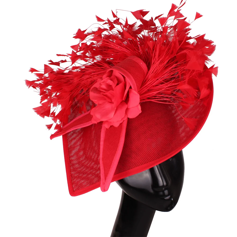 Elegant Purple And Red Feather Fascinator Wedding Bridal HairClip Hat For Party Cocktail Headpiece Lady Floral Pattern HeadWear