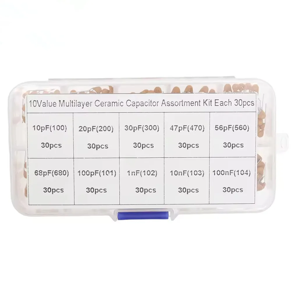 

300pcs 10value 50v Multilayer Ceramic Capacitor Assortment Kit 10pf 20pf 30pf 47pf 56pf 68pf 100pf 1nf 10nf 100nf Monolithic Cap