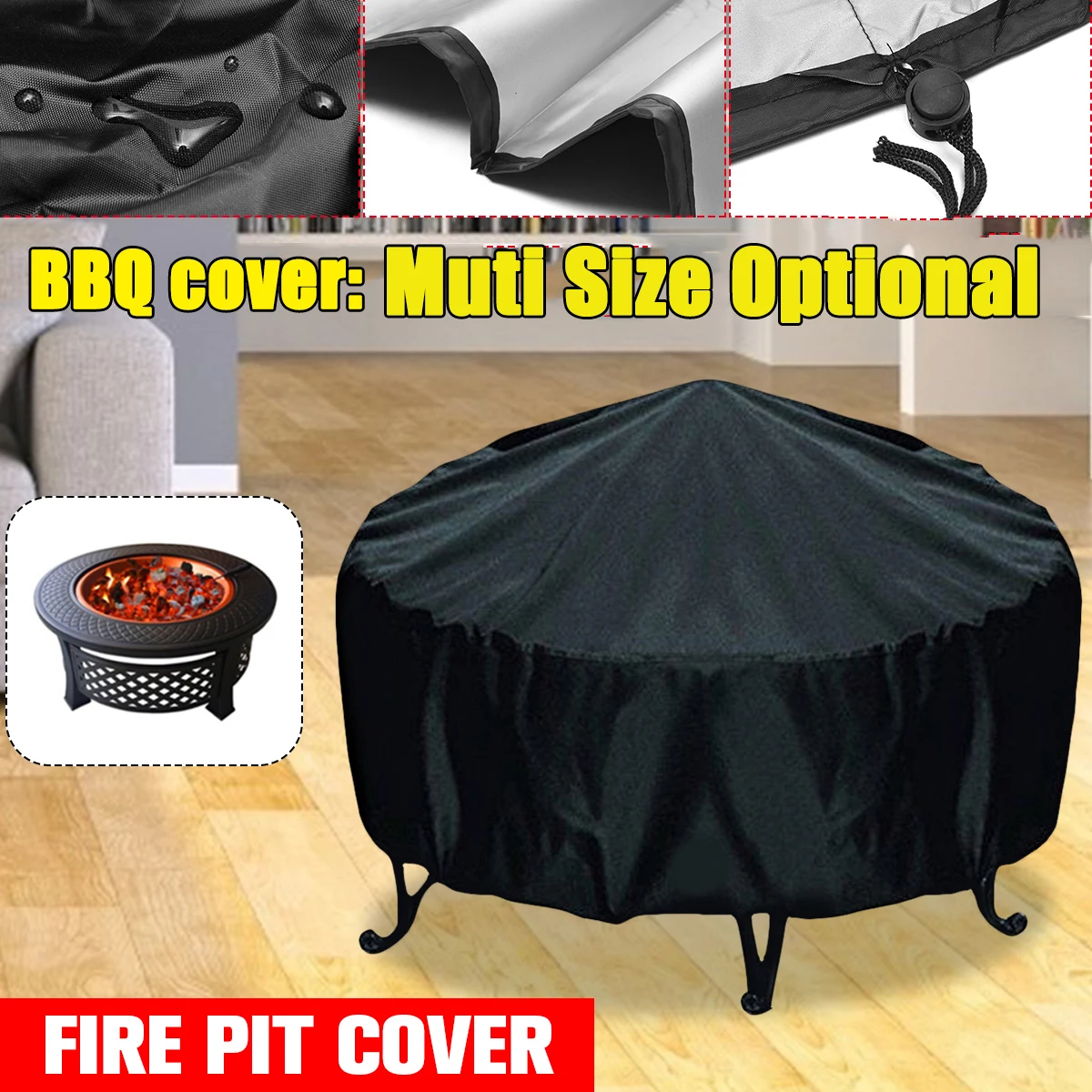 

Waterproof Patio Fire Pit Cover Black UV Protector Grill BBQ Shelter Outdoor Garden Yard Round BBQ Cover Canopy Furniture Cover