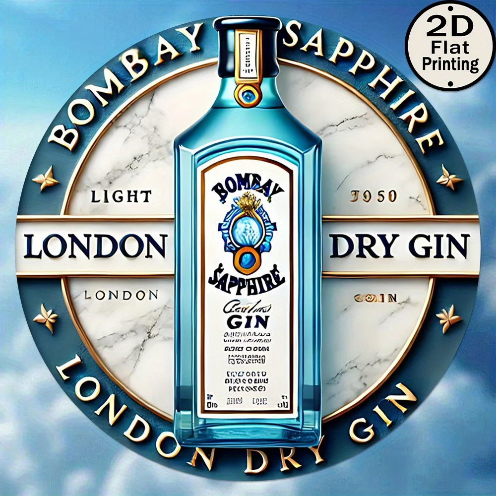 لافتة معدنية مسطحة ثنائية الأبعاد، قطعة واحدة من شعار Bombay Sapphire London Dry Gin - تصميم كلاسيكي منقوش برقائق دائرية مقاس 8 × 8، شعار أزرق مميز #4
