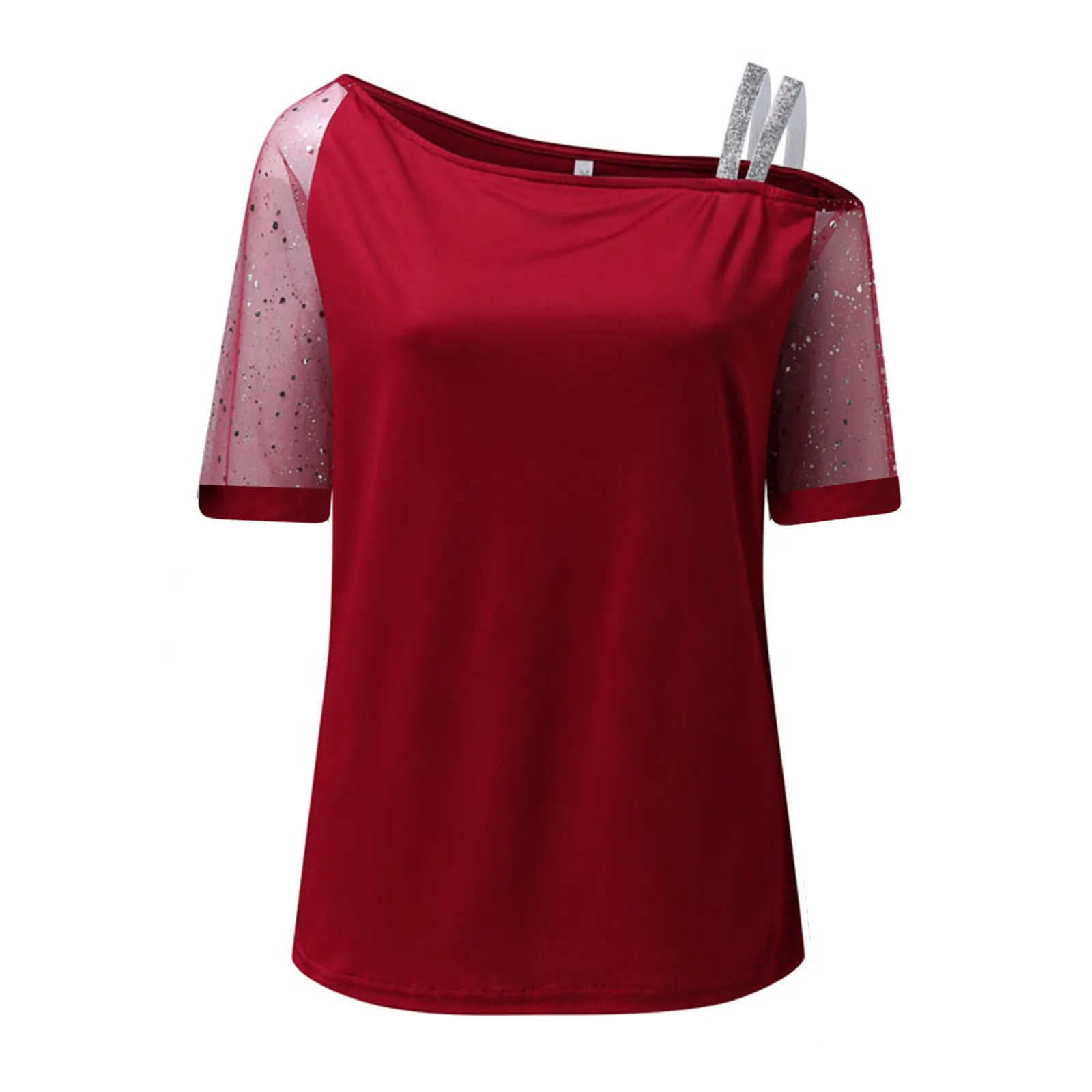 New diagonal neckline mesh off shoulder short sleeved T-shirt with a base, showcasing a fashionable attitude