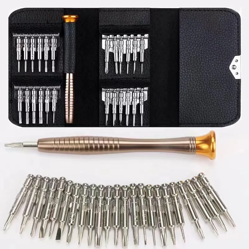 25 in one screwdriver set, leather bag, portable combination, shaped phone, glasses, clock, repair hardware tool batch