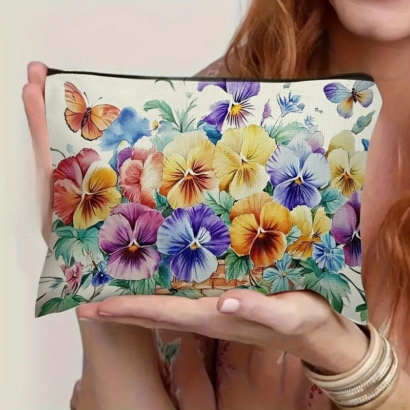 

1шт косметичка с цветочным принтом - элегантный женский косметический органайзер с застежкой-молнией, косметичка большой емкости