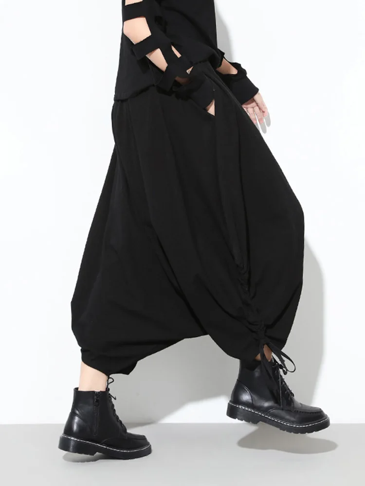 [EAM] High Elastic Waist Black Long Drawstring Harem Trousers New Loose Fit Pants Women Fashion Tide Spring Autumn 2024 1DE9505