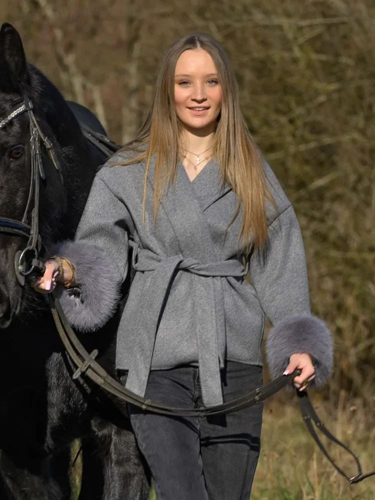 

Fashion Lapel V-neck Woolen Coat Women Chic Lace Up Single Breasted Pocket Loose Jacket 2025 New Lady Daily High Street Outwears