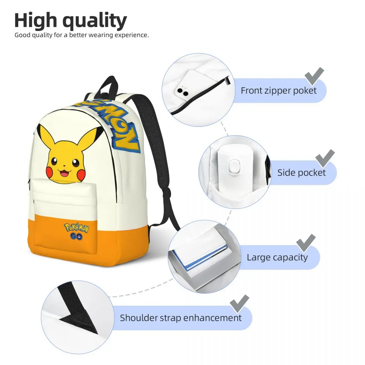 Backpack Cute Yellow Electric Mouse Sticker Large Capacity Pocket Monster Pikachu For Women Kid Gift Solid Office Work School