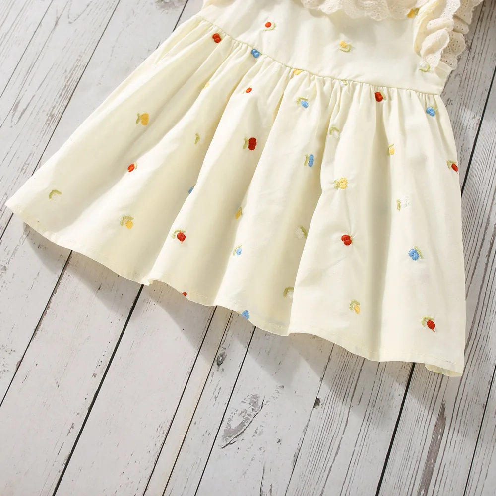 Summer Baby Girl Flower Embroidered Lace Lapel Cotton Dress Korean Princess Dress For Kids Girl