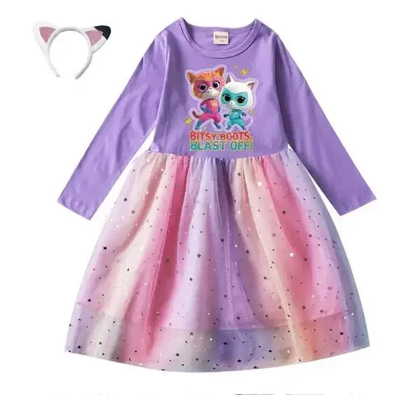 2-10 Jaar Cartoon Superkitties Kostuum Baby Meisjes Casual Jurken Kids Lange Mouwen Jurk Met Hoofddeksels Kinderen Prinses Vestidos