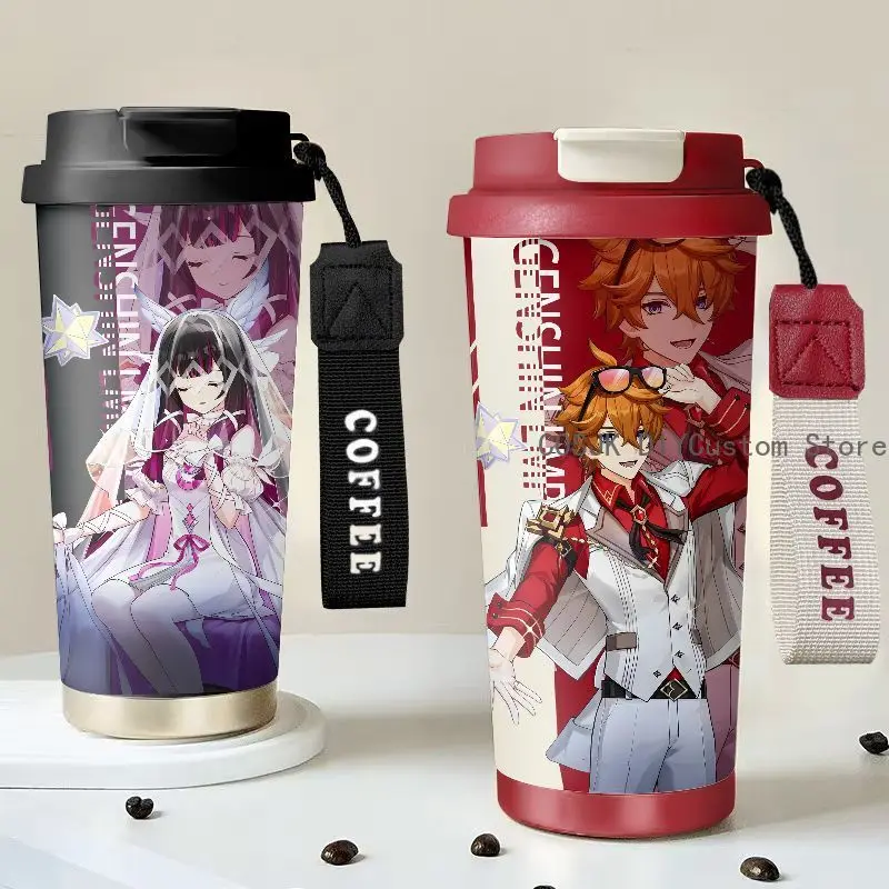 Niedliche Genshin Impact Columbina Tartaglia Anime Thermoskanne aus Edelstahl mit Strohhalm, Doppelwandige Trinkflasche mit Großer Kapazität, Kaffeebecher als Geschenk