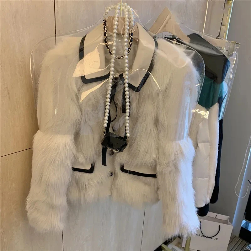 

Fashion Faux Fox Fur Women Coat Y2K Korean Chic Patchwork Single Breasted Crop Jacket Winter Warm Elegant Bow Fluffy Outerwear