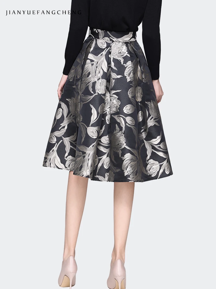 تنورة نسائية بنمط زهري متوسط الطول مع جيوب ، خصر مرتفع ، على شكل خط ، مطوي ، بطول الركبة ، توتو ، رمادي ، ربيع ، جديد ،