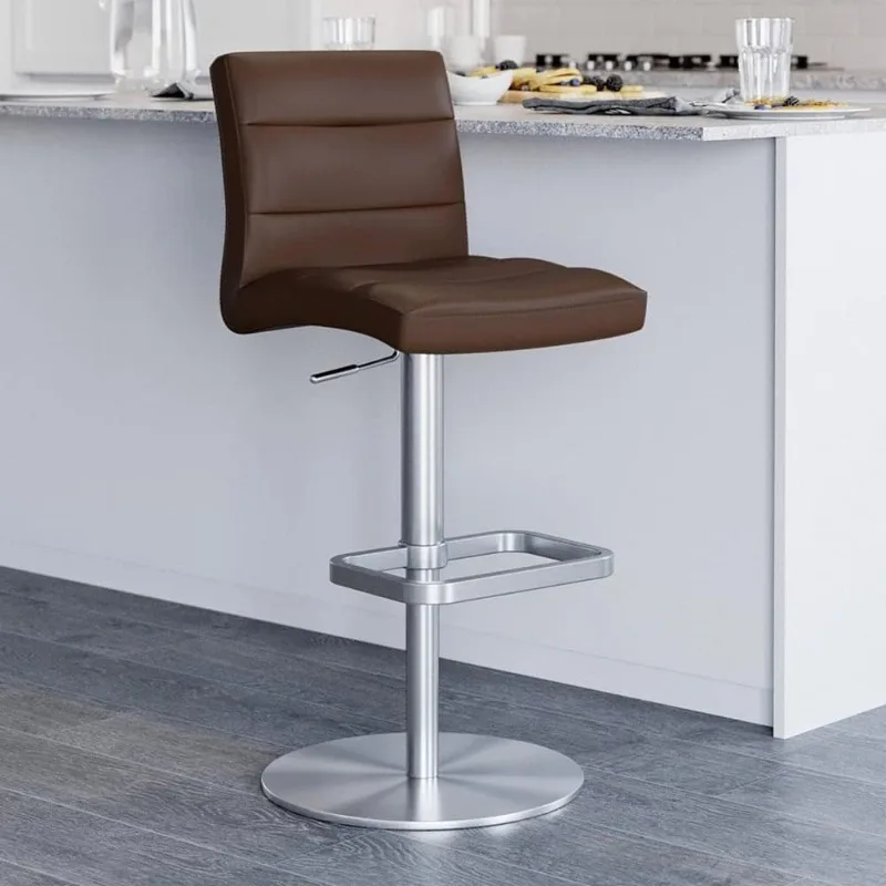 

Modern Adjustable Height Brown Lush Bar Stool with Brushed Round Flat Base