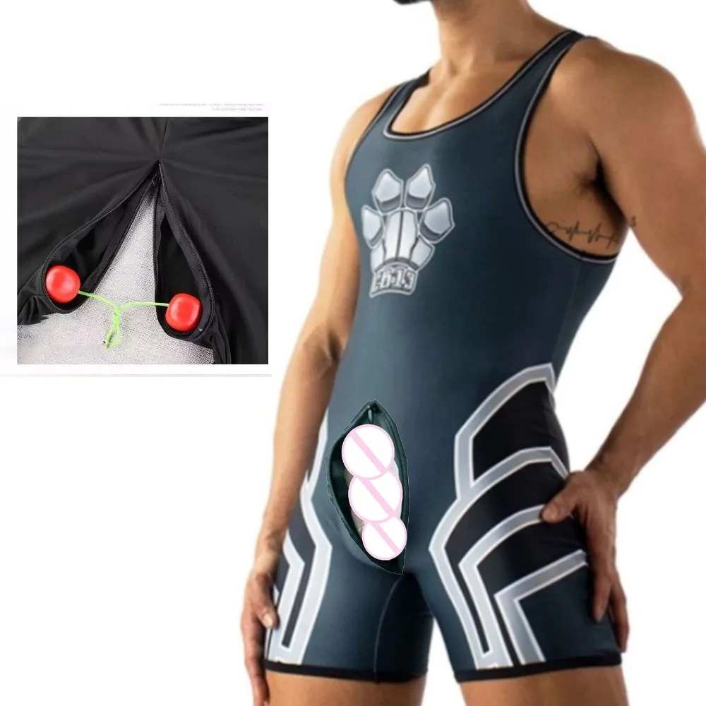 Summer Open Crotch Men One-Piece Underwear Sexy Sports Freestyle Wrestling Suit Man Boxer Swimsuit Sleeveless Vest Training Wear