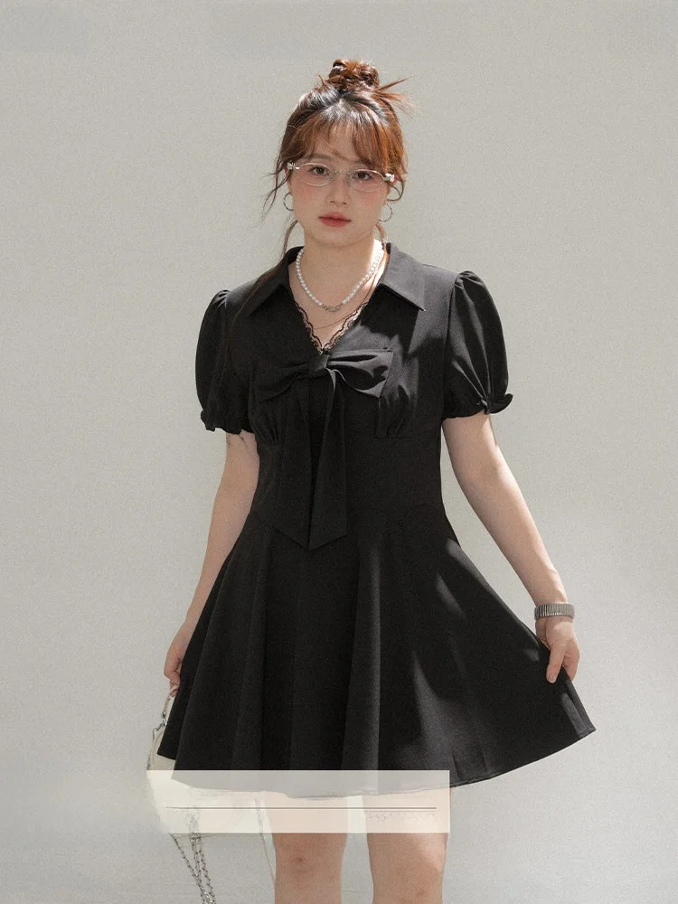 

Heynew plus Size Women's Bla Dr with Bow V Ne Slimming Lace Trim ort a Line Skirt Korean Sle Ci Commute Dr