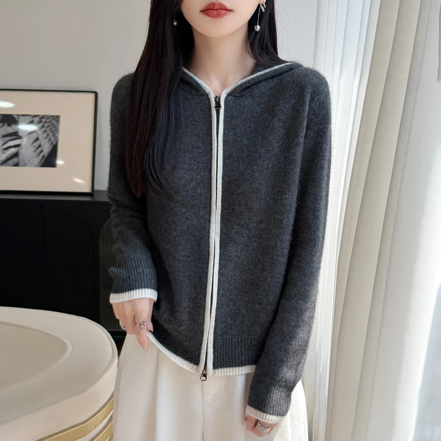 100% pure wool sweater knitted sweater women's round neck flower long-sleeved loose thickened cashmere sweater