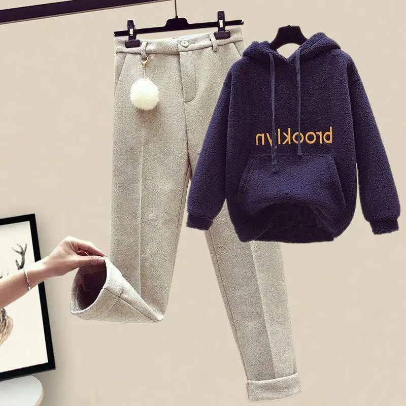 Winter Collection with Velvet Thickened Alphabet Embroidery Long Sleeve Hoodie Casual Pants Two Piece Set For Women's Pants  Set