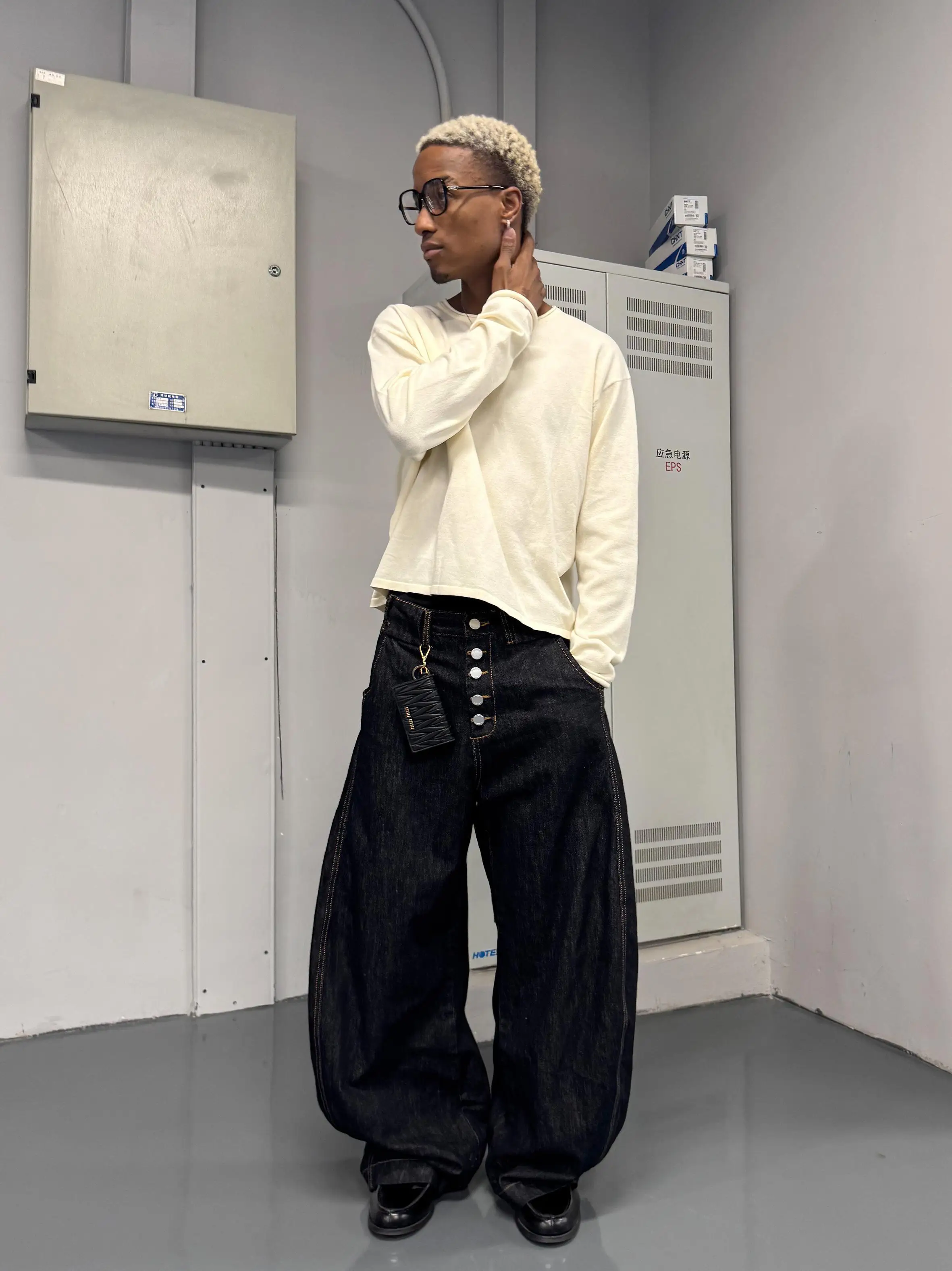 Men's Button-up Design Solid Color Black Jeans Cool Boy High Waist Vintage