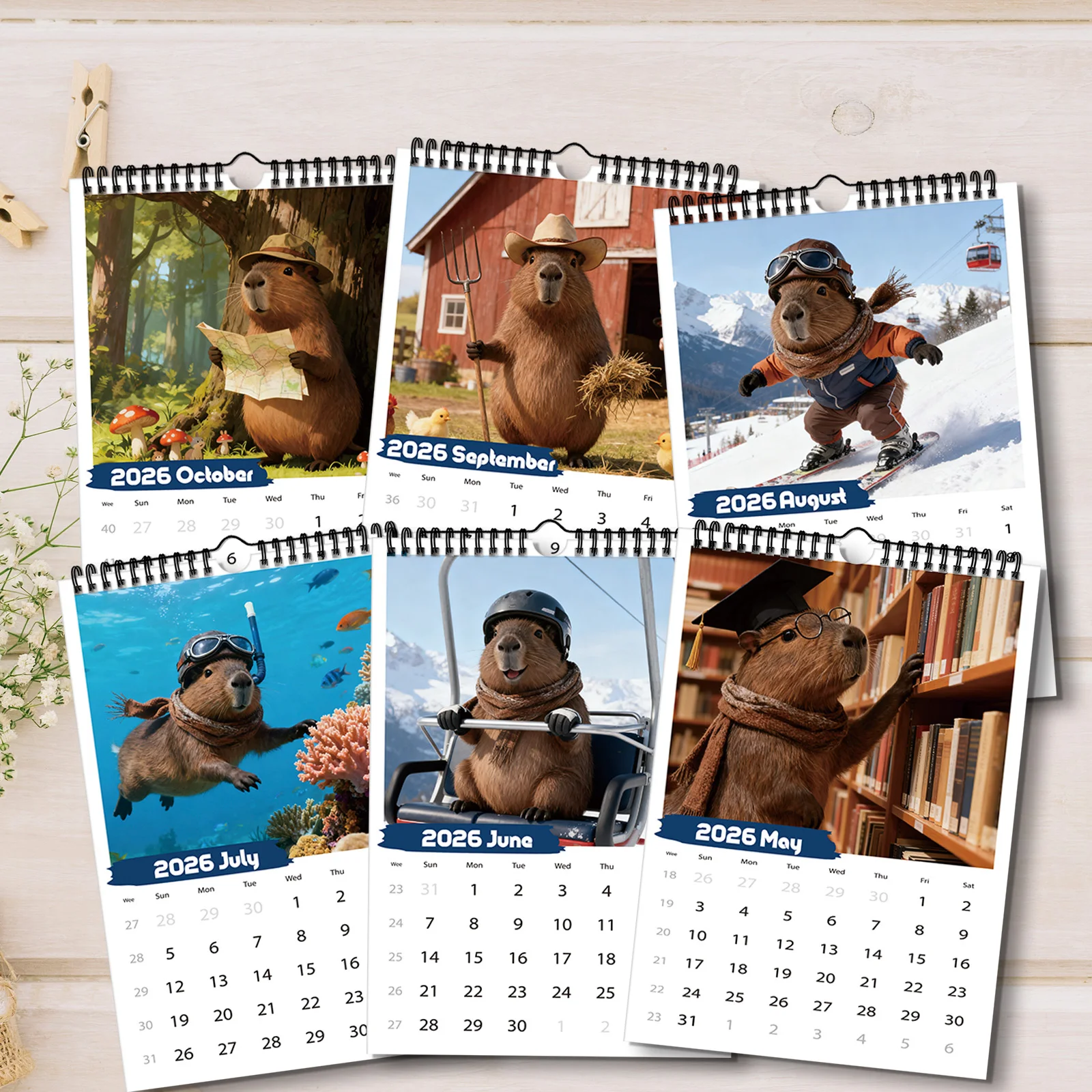 قطعة واحدة من تقويم كابيبارا 2026، مناسبة لفحص التواريخ، لتزيين المنزل، مثالية لمحبي الحيوانات، وهدية رائعة