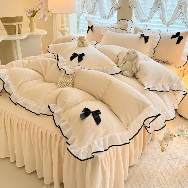 2025 new princess wind milk fleece bed skirt four-piece set autumn and winter Korean lace thickened warm quilt cover