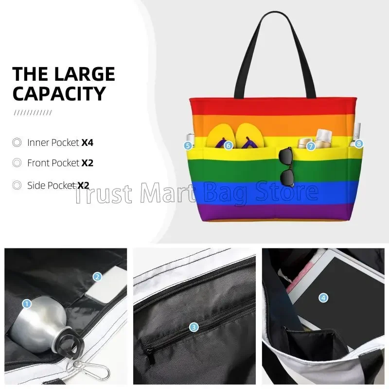 Rainbow LGBT Pride Large Waterproof Beach Bag for Women Portable Travel Bag Sandproof Pool Tote Bags for Swim Travel Vacation