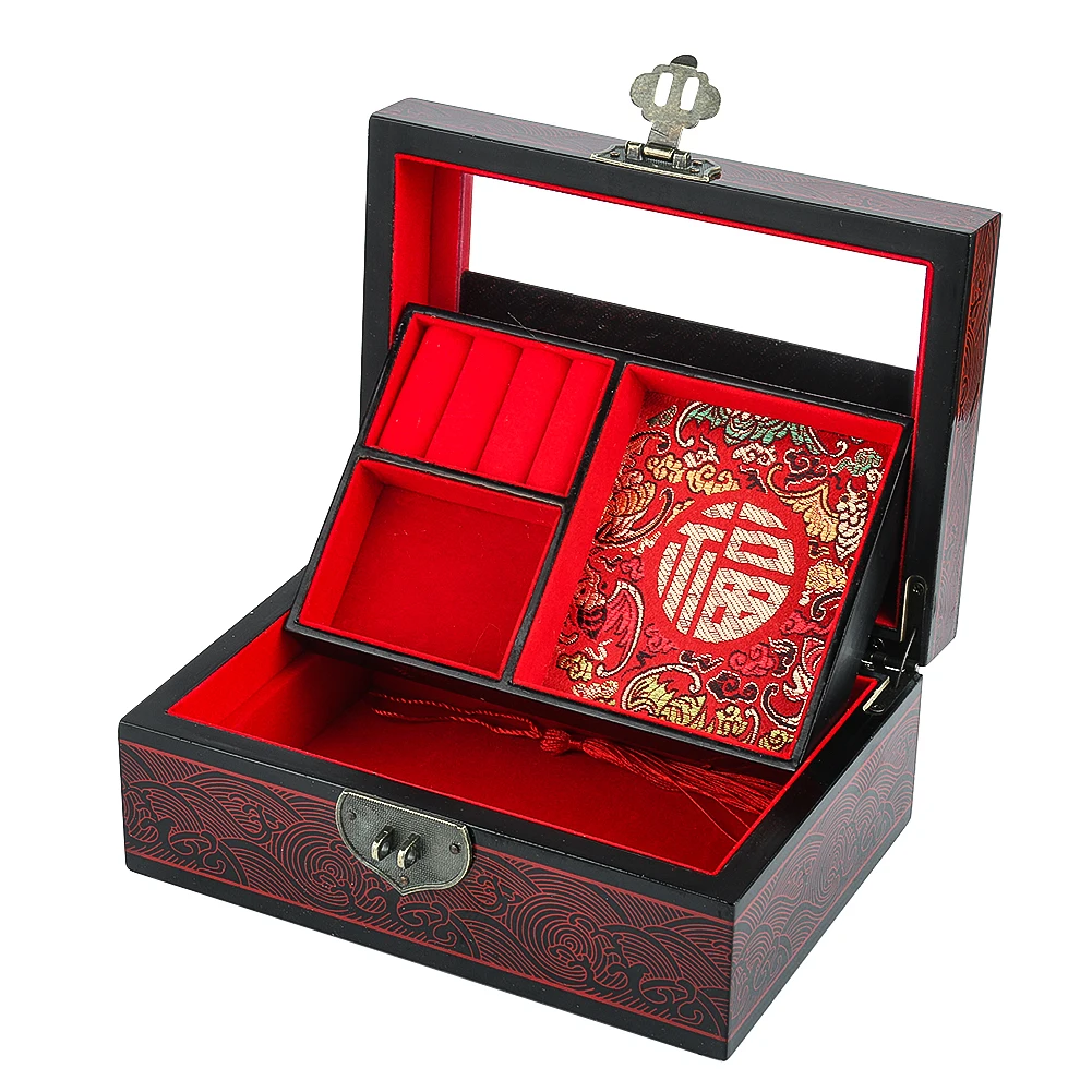 

Chinoiserie Painting Lacquerware Chinese Bride Wooden Jewelry Box Ring Earrings Necklace Dowry Storage Display Charm Organizer