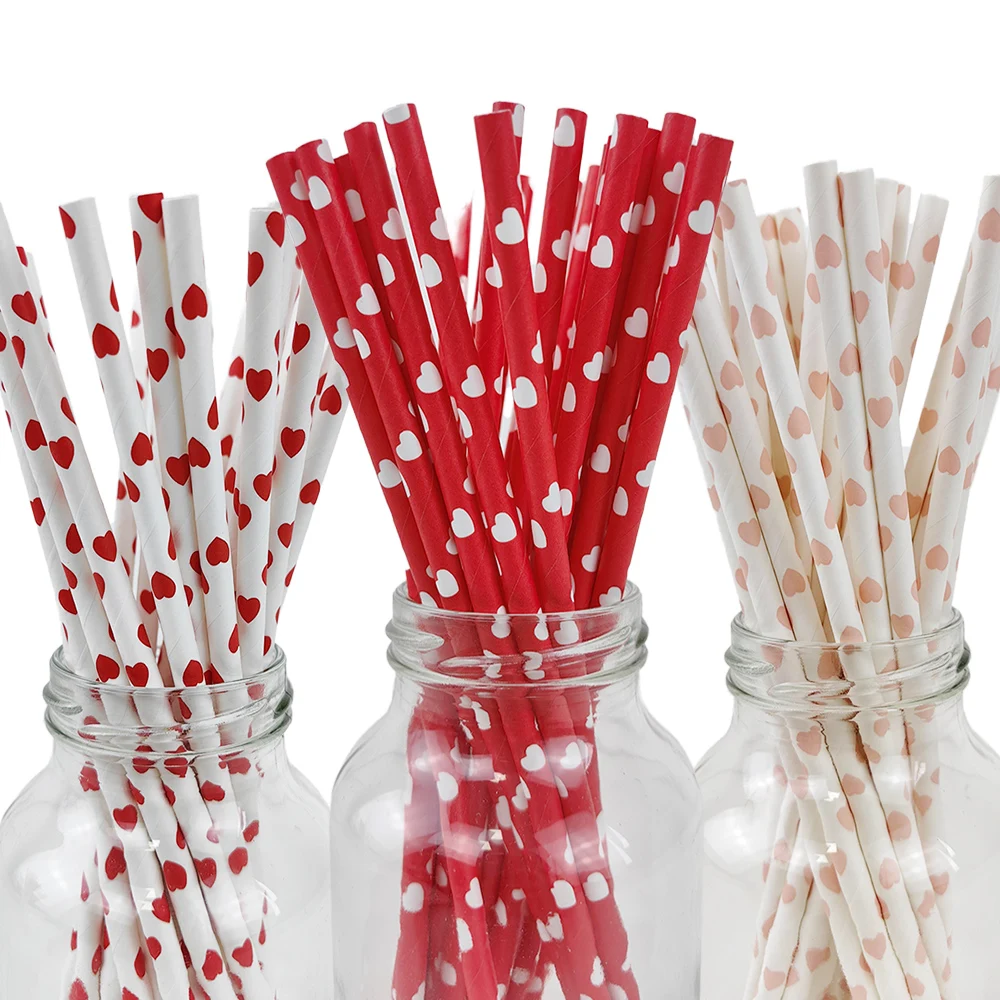 Pajitas biodegradables para fiesta de San Valentín, 100/200/300 Uds., pajitas de papel para fiesta con corazón de amor rojo, decoraciones para boda y Día de San Valentín