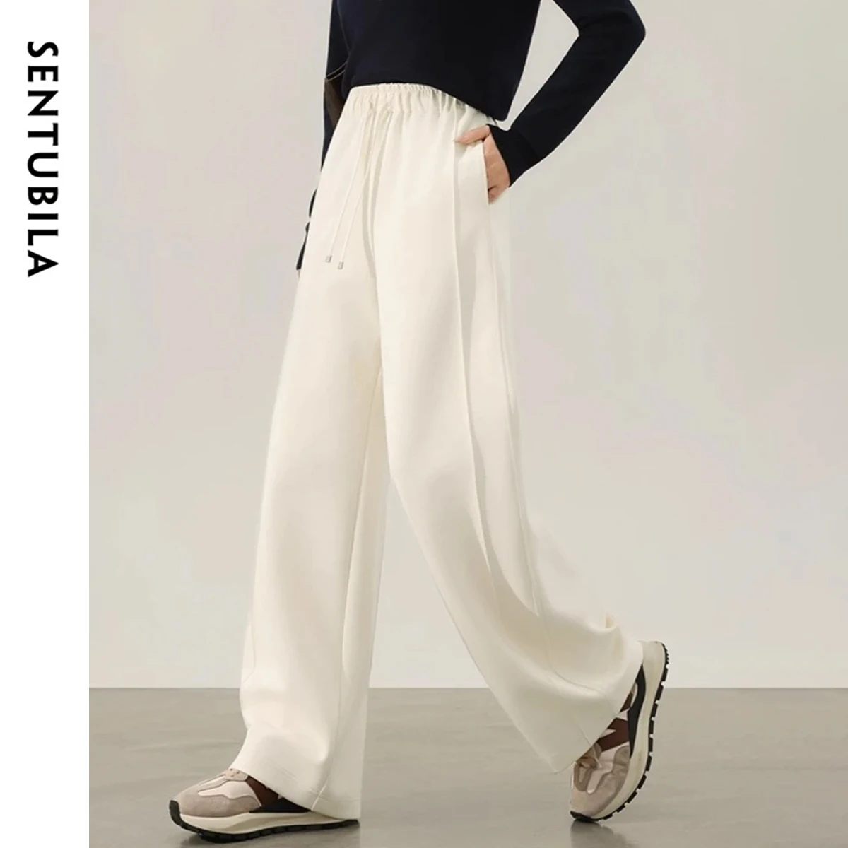 

SENTUBILA Straight Pants Women's Autumn 2025 Solid Loose Fit Drawstring Elastic Waist Casual Pants Knit Fabric Bottom 153KA2628
