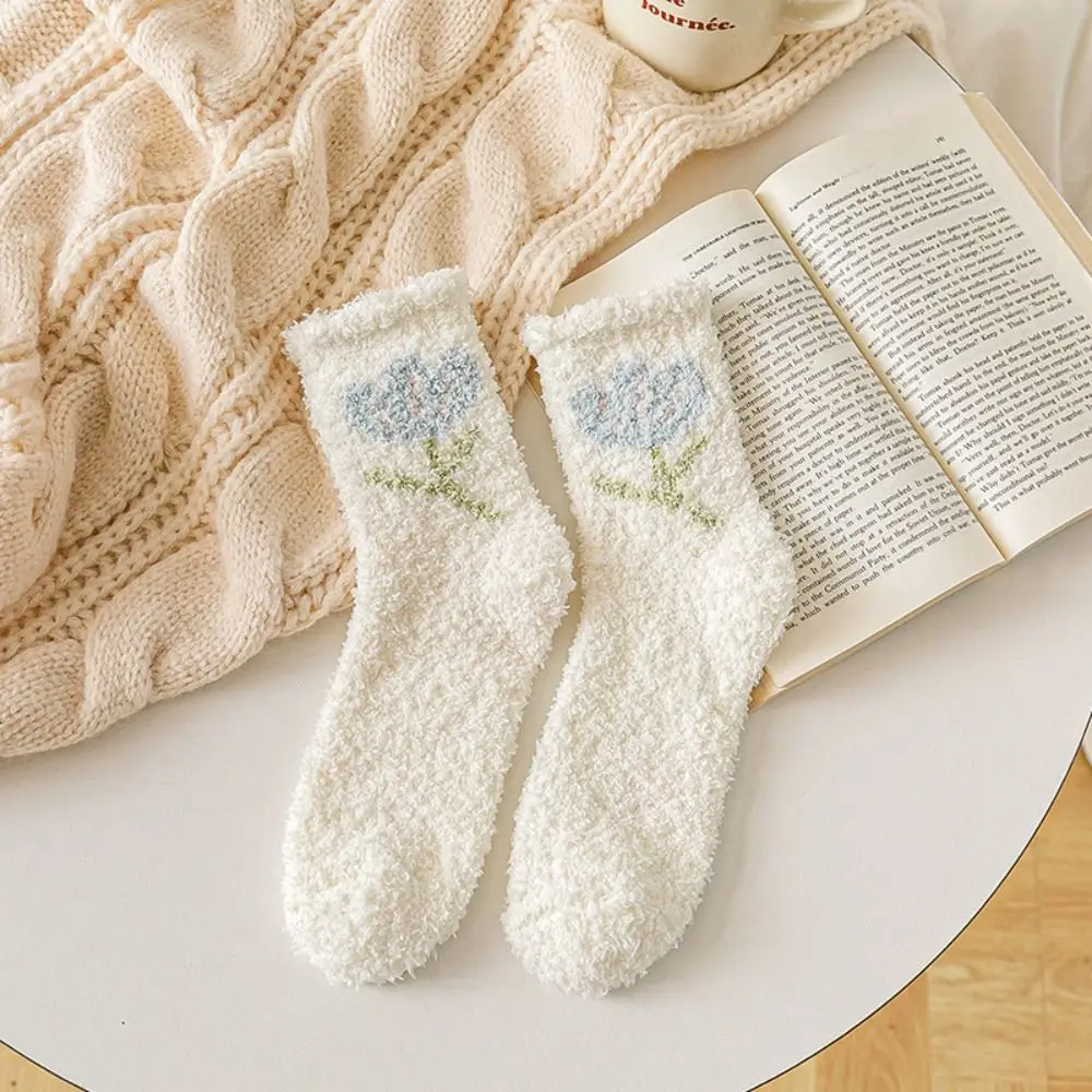 

Breathable Autumn Ruffle Sweet Cute Flower Tulips Pattern Coral Velvet Middle Tube Female Socks Korean Style Socks