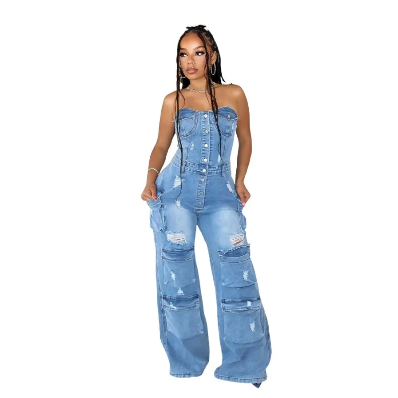 Y2k Women's Denim Jumpsuit Trendy Fashion Spice Chest Breasted Multi-Pocket Cargo Pants Hollow Out Sexy Streetwear Slim Overalls