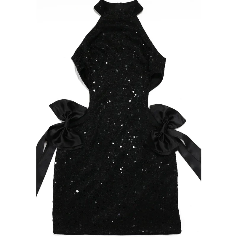 Mini robe à paillettes brillantes pour femmes, robe de soirée d'anniversaire, ruban à gros nœud découpé, noir, boîte de nuit sexy, mode 2024