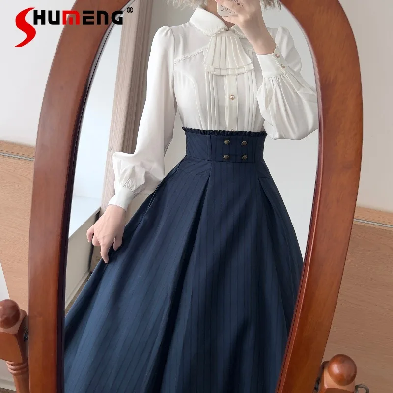 

Autumn Winter 2025 Versatile Long Midi Skirt Japanese Style Retro Elegant Fishbone Classic Versatile High-waisted Striped Skirts