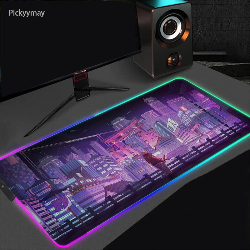 

City Neon Anime Mouse Pad Gaming RGB Mousepad Large Overlock Speed Gamer LED Glow Soft Laptop Table Rug Office Desk Mouse Mat