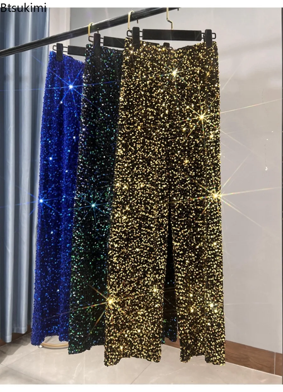 Women High‑Rise Sequin Straight‑Leg Pants Elastic Waist Shiny Draped Loose Fit Nightclub Party Fall Winter Fashion Long Trousers