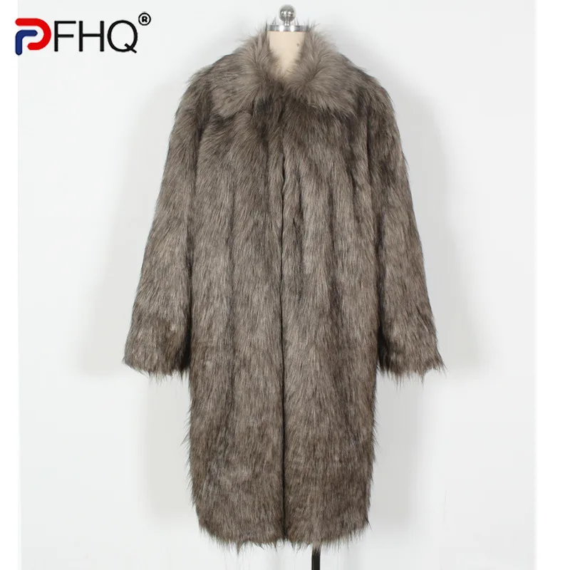 PFHQ Autumn Winter European Faux Fur Lapel Men's Coat Plush Long Jacket 2024 Turn-down Collar Solid Color Male Tops 21Z8041