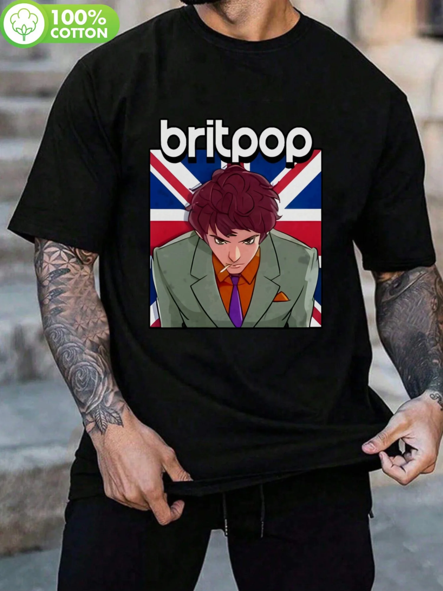 2026 Men'S British Union Jack & Anime Character Graphic T-Shirt - Oversized Streetwear Style, Soft Breathable Fabric, British Fl