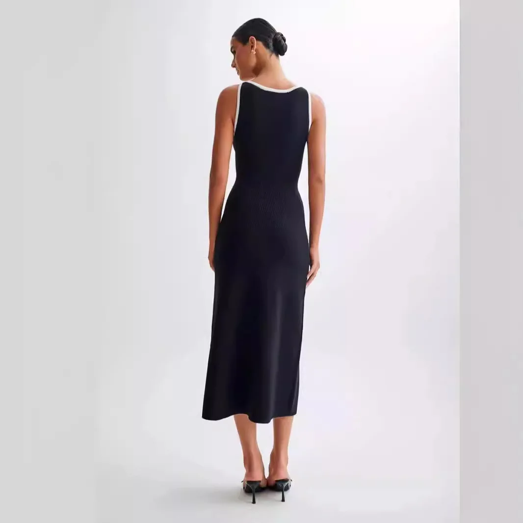 Black Elegant Sleeveless Round Neck Knitted Long Dress For Women Single Breasted Slim Maxi Dress Chic Elegant Streetwear Vestido