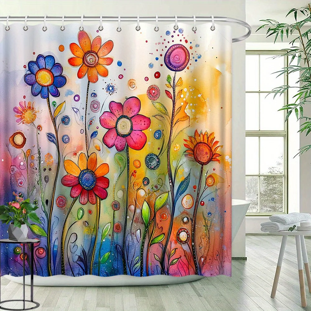 

Floral Pattern Shower Curtain - Colorful Creative Design, Polyester Bathroom Decor, 12 Hooks